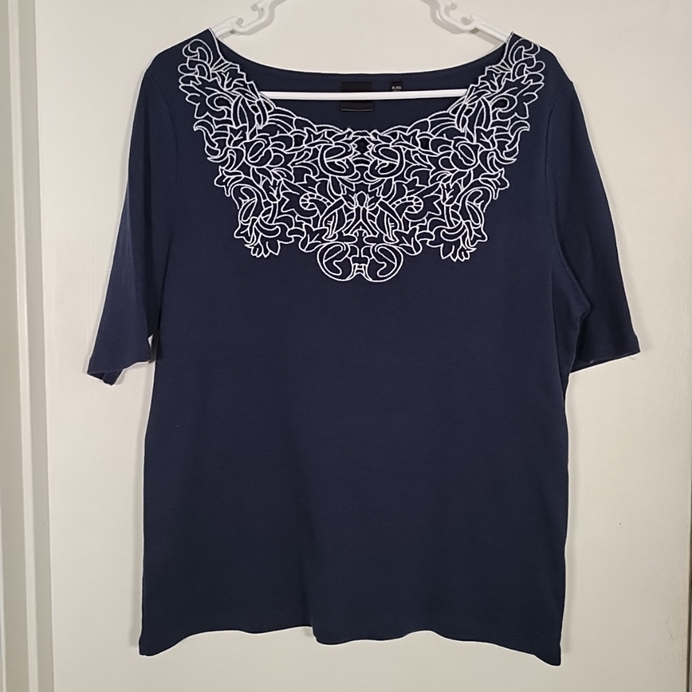 Rafaella Womens XL Navy Blue Embroidered Top Short Sleeve Blouse Cutouts - READ